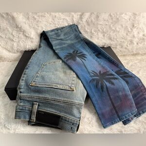 AMIRI Indigo Night Palm Print Thrasher Skinny Jeans
